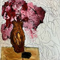 Front view of abstract floral acrylic painting with dark red and pink flowers in brown vase on light background.