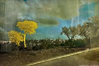 Screenprint showing a landscape of Jerusalem with a prominently textured yellow tree among other muted trees and a distant cityscape beneath cloudy sky.