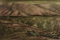 Close-up of painting surface showing hills, grasses and signature lower right