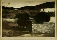 Close-up of framed etching showing dusk landscape with trees, hills, small building, and textured stone wall with a yellow sun/moon in the sky.