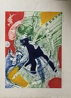 Full photo of large multi-colour signed abstract print with organic and geometric patterns.