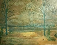 Framed reproduction painting showing a riverside Paris scene with trees and a bridge, in muted earthy colors and impressionist style.