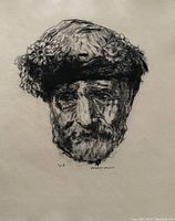 Close-up of signed and numbered printed portrait of elderly man with floral crown, showing signature 'Andrew Masin' and 'S/P' notation.