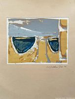 Full frontal image of abstract print on cardboard with signature at lower right and color palette of blue, ochre, gray, and white.