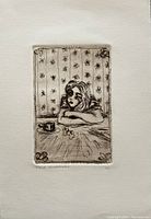 Close-up of the lithograph showing a woman seated at a table with a teacup, black ink print on cream paper signed Marta Chadelinska.