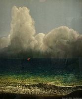 Photo of large dramatic seascape painting with a small orange sailboat and towering clouds. Ocean waves in foreground show stormy weather.