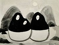 Close-up of the watercolour painting showing three abstract figures in black and white with a gray background; artist signature visible