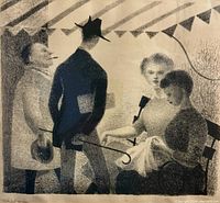 Close-up image of the lithograph artwork showing three figures and signature on bubbled and wrinkled paper.