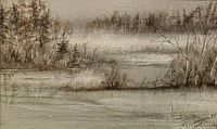 Close-up of watercolour winter landscape painting signed R. Jansou, 1985