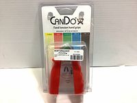 Front view of CanDo fixed tension hand grips in red color showing package and grips.