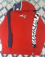 Front view of red Reebok hoodie with New England Patriots logo on chest and lettering down the left sleeve.
