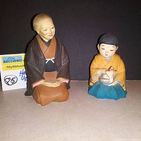 Front view of two Hakata Urasaki dolls depicting an elderly woman and a child, sitting on a flat surface with a label showing seller info