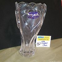 Clear square lead crystal vase with heart pattern and DePlomb USA 24% Lead Crystal label visible on one side.