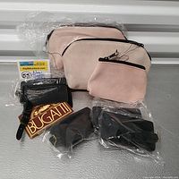 Group of pink suede clutch purses, coin purse, black leather wallet, and five plastic wrapped leather luggage tags with Bugatti labels