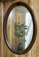 Front view of the large oval wooden mirror showing its shape and wooden frame.