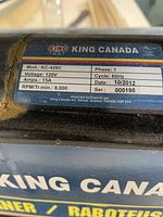 Label showing model KC-426C, voltage 120V, 15A, 8000 RPM, manufactured 10/2012, serial 000198