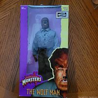 Full front view of the Universal Studios Monsters The Wolf Man figure in original packaging showing the box and figure clearly.