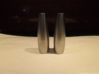 Front view of the brushed stainless steel salt and pepper shakers showing their conical shape.