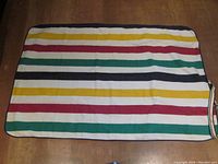 Full view of picnic blanket laid flat showing multicolor horizontal stripes in yellow, red, green, and blue on a white base.