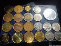 Top view of 23 Canadian coins including loonies, toonies, and quarters displayed on a blue surface.