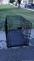 Full view of black metal wire dog kennel showing front door and tray inside.