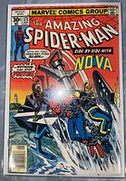 Front cover photo of The Amazing Spider-Man #171 comic showing Spider-Man and Nova in action on a Bronze Age style cover, with the comic bagged and boarded for protection.