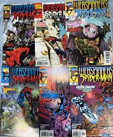 Photo showing six Spider-Man Webspinners comic books Issues 1 through 6 with vibrant cover art and Marvel branding.