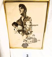 Frontal photo of the framed 1978 Elvis montage print showing nine poses including childhood, military, and white jumpsuit stage.