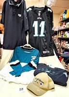 Full view of multiple Philadelphia Eagles items including short-sleeve black jersey, teal/white long sleeve shirt, black sweatshirt, polo shirt, and hats.