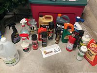 Image showing various chemical bottles including fire extinguisher, antifreeze, motor oil, yard chemicals, and cleaning sprays.
