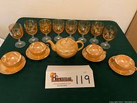 Full overview of the entire set showing teapot, four cups, four saucers and eight glass stems on green background.