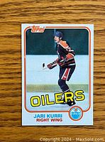 Front of 1981-82 Topps Jari Kurri rookie card showing player in Oilers uniform on the ice.