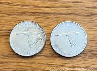 Two 1967 Canadian silver $1 dollar coins showing the reverse side with the flying Canada goose design and inscriptions.