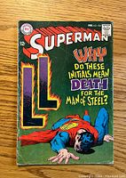 Front cover of Superman #204 comic book showing Superman in a falling pose with bright title text questioning the meaning of 'LL' initials for the Man of Steel. Priced at 12 cents with DC logo in top left corner.