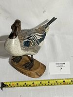 Front view of the hand carved pintail duck figurine with measuring tape showing length.