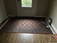 Rectangular red hallway rug with intricate geometric and medallion pattern placed in front of a door on wooden floor.