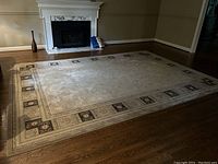 Full view of rug laid on hardwood floor in front of fireplace