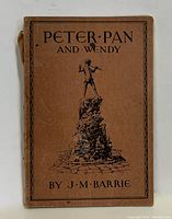 Front cover of the book Peter Pan and Wendy by J.M. Barrie showing brown cover with black illustration and text.