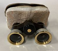 Front view of the Birks vintage opera glasses showing black body and gold-plated lens rims with the satin patterned case in background