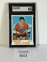 Front view of the graded 1970-71 O-Pee-Chee Bernie Parent hockey card, showing the card in its plastic protective case with SGC grading label.