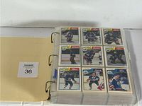 Open binder page showing nine O-Pee-Chee hockey cards featuring New York Islanders players.