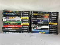 Front view of stacked Nintendo GameCube game cases showing 22 titles.
