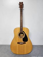 Full front view of the guitar showing natural wood body and black pickguard.