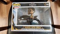 Front view of the sealed Marvel Namor with Orca Funko Pop! figure in its box showing clear window display and product labeling.