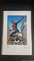 Full image of the Spider-Man art print showing Spider-Man swinging over the city with a villain beneath him. The print is mounted on white matting and in protective plastic.