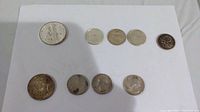Top view of all 9 coins laid out on white background.