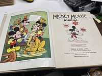 Open book showing colorful illustration of Mickey Mouse, Goofy, Pluto, and other characters with the title page on the right.