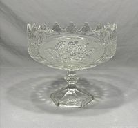 Front angle view of the clear etched floral crystal tazza bowl on hexagonal pedestal base.
