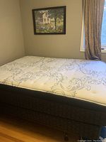 Queen size mattress on box spring and metal frame set up in a room with a painting on the wall.