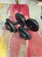 Two black adjustable dumbbells on a colorful carpet with multiple round weight plates and securing collars.